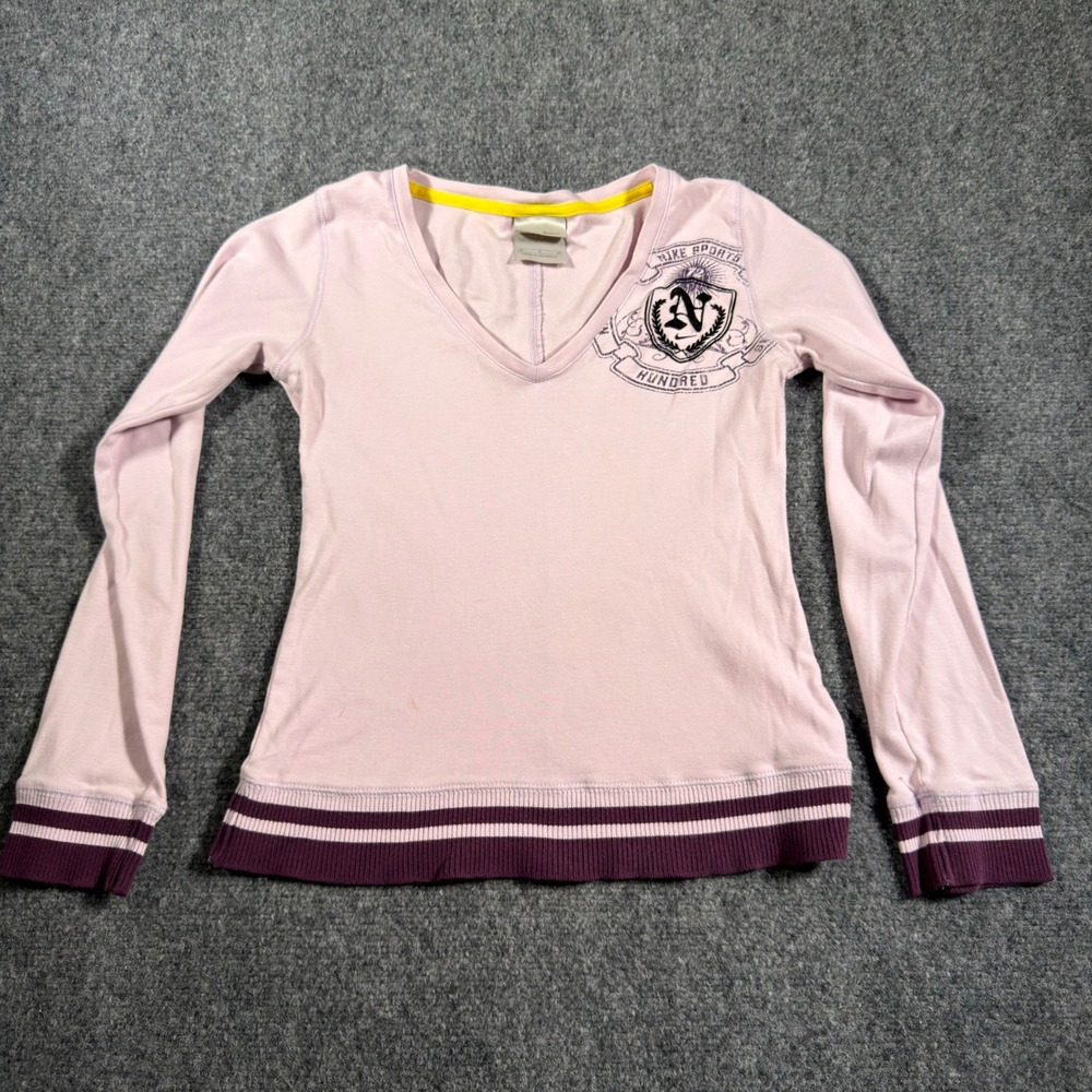 Y2K Nike Sports Hundred V-Neck Long Sleeve Shirt Womens Medium Pink